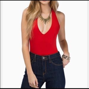 Red halter body suit
